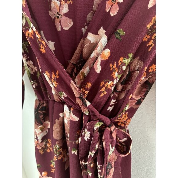 Scobe Womens Faux Wrap Dress L Wine Floral Balloon Sleeve Fairygoth Whimsygoth - Picture 3 of 11
